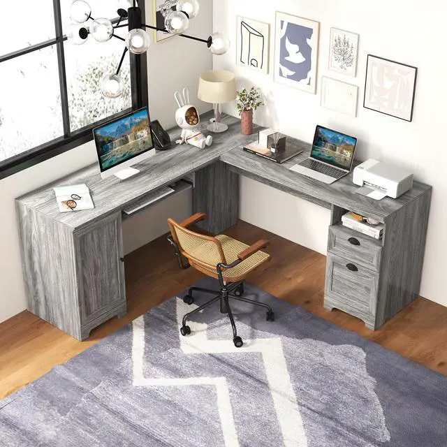 Alt view image 2 of 7 - Costway L-Shaped Corner Computer Desk Writing Table Study Workstation with Drawers Storage