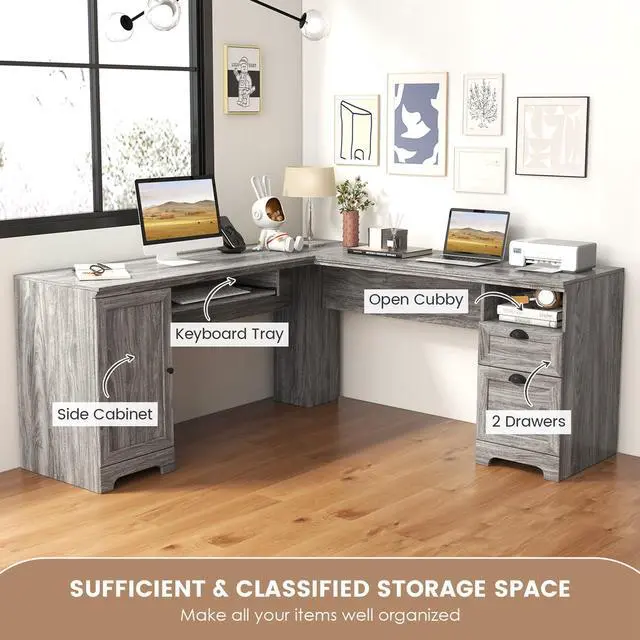 Alt view image 7 of 7 - Costway L-Shaped Corner Computer Desk Writing Table Study Workstation with Drawers Storage