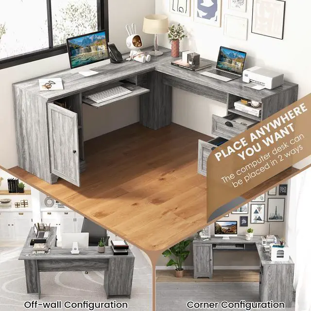 Alt view image 6 of 7 - Costway L-Shaped Corner Computer Desk Writing Table Study Workstation with Drawers Storage