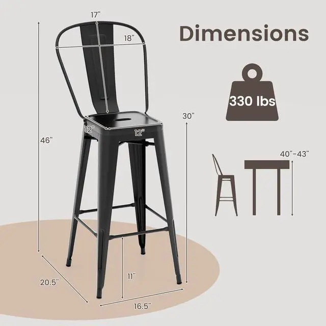 Alt view image 3 of 7 - Costway 30" Bar Height Chairs with Footrest & Removable Backrest Rubber Feet for Kitchen
