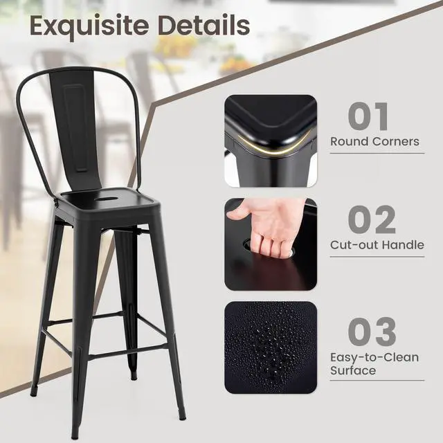 Alt view image 6 of 7 - Costway 30" Bar Height Chairs with Footrest & Removable Backrest Rubber Feet for Kitchen