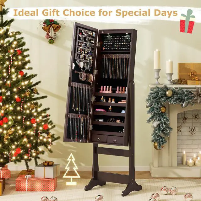 Alt view image 2 of 7 - Costway Mirrored Jewelry Cabinet Organizer Storage Stand with LED Lights Clearance Brown