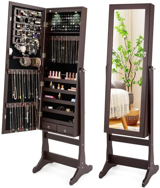 Main image of Costway Mirrored Jewelry Cabinet Organizer Storage Stand with LED Lights Clearance Brown