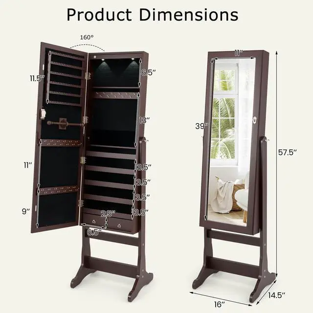 Alt view image 3 of 7 - Costway Mirrored Jewelry Cabinet Organizer Storage Stand with LED Lights Clearance Brown