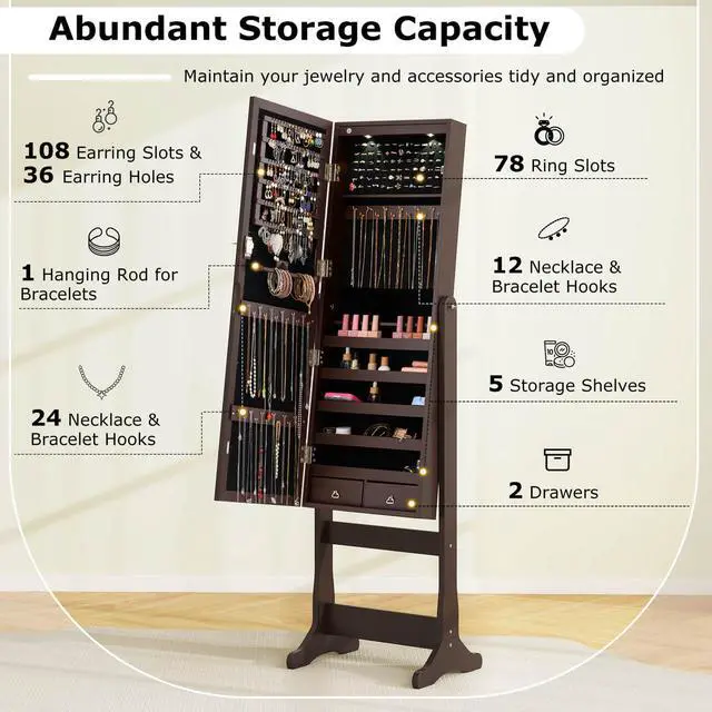 Alt view image 7 of 7 - Costway Mirrored Jewelry Cabinet Organizer Storage Stand with LED Lights Clearance Brown