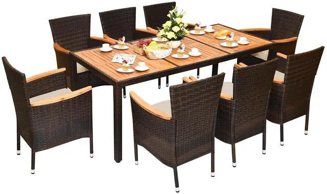 Alt view image 2 of 7 - Costway 9PCS Patio Rattan Dining Set 8 Stackable Chairs Cushioned Acacia Wood Table Top