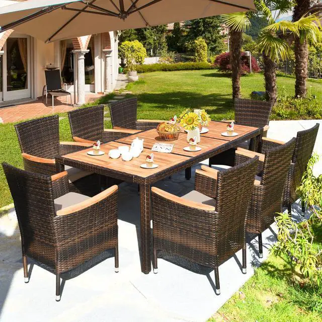 Alt view image 4 of 7 - Costway 9PCS Patio Rattan Dining Set 8 Stackable Chairs Cushioned Acacia Wood Table Top