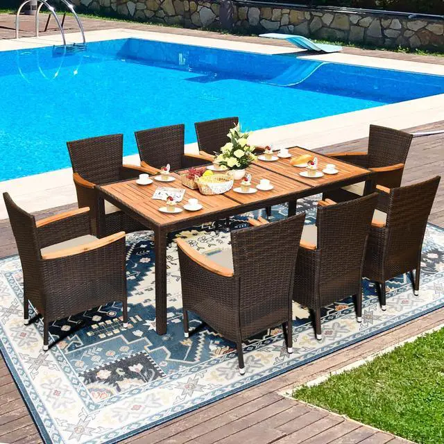 Alt view image 5 of 7 - Costway 9PCS Patio Rattan Dining Set 8 Stackable Chairs Cushioned Acacia Wood Table Top