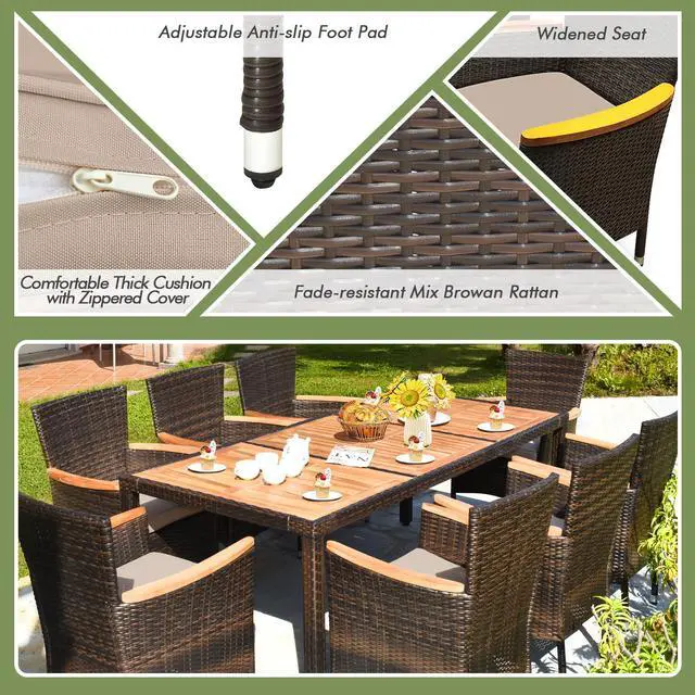 Alt view image 6 of 7 - Costway 9PCS Patio Rattan Dining Set 8 Stackable Chairs Cushioned Acacia Wood Table Top