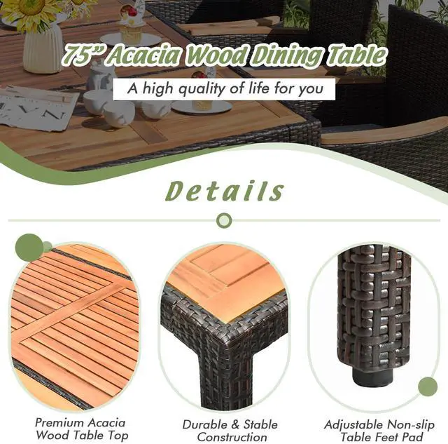 Alt view image 7 of 7 - Costway 9PCS Patio Rattan Dining Set 8 Stackable Chairs Cushioned Acacia Wood Table Top