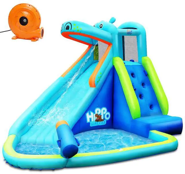 Main image of Costway Inflatable Kids Hippo Bounce House Slide Climbing Wall Splash Pool w/740W Blower