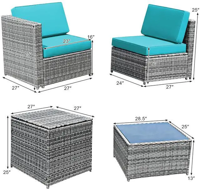 Alt view image 2 of 7 - Costway 8 PCS Wicker Sofa Rattan Furniture Set Patio Furniture w/ Storage Table Turquoise