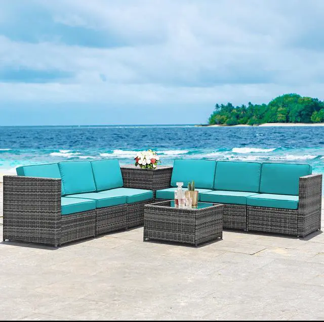 Alt view image 3 of 7 - Costway 8 PCS Wicker Sofa Rattan Furniture Set Patio Furniture w/ Storage Table Turquoise