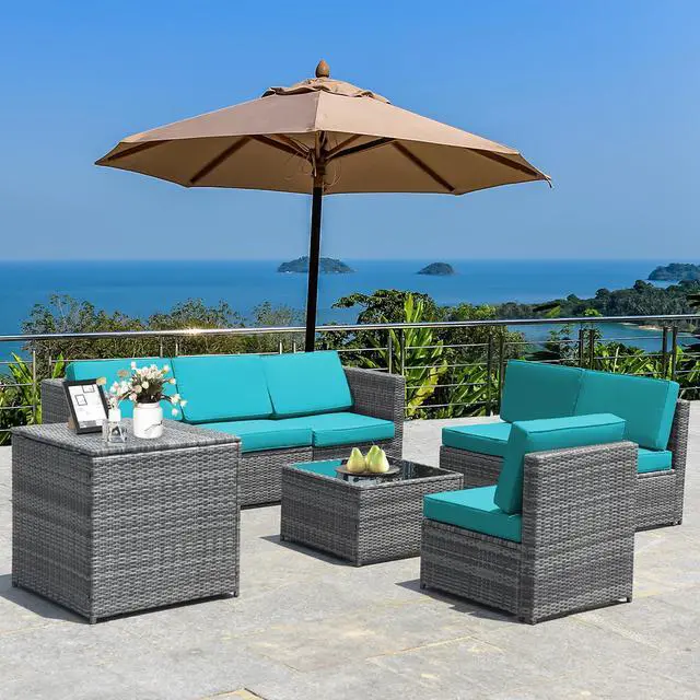 Alt view image 4 of 7 - Costway 8 PCS Wicker Sofa Rattan Furniture Set Patio Furniture w/ Storage Table Turquoise
