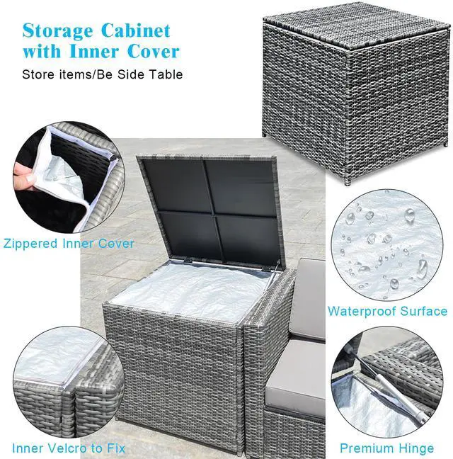 Alt view image 6 of 7 - Costway 8 PCS Wicker Sofa Rattan Furniture Set Patio Furniture w/ Storage Table Turquoise
