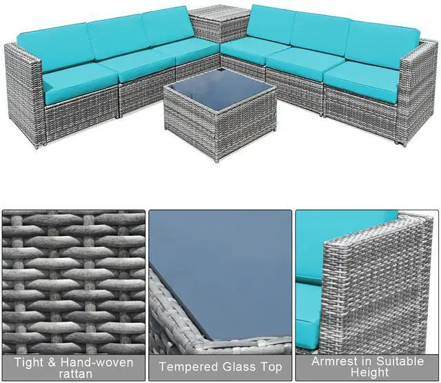 Alt view image 5 of 7 - Costway 8 PCS Wicker Sofa Rattan Furniture Set Patio Furniture w/ Storage Table Turquoise