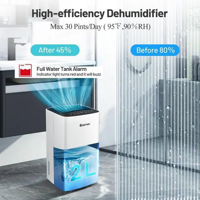 Alt view image 2 of 7 - Costway 30-Pint Portable Dehumidifier 1,500 Sq. ft Coverage Area