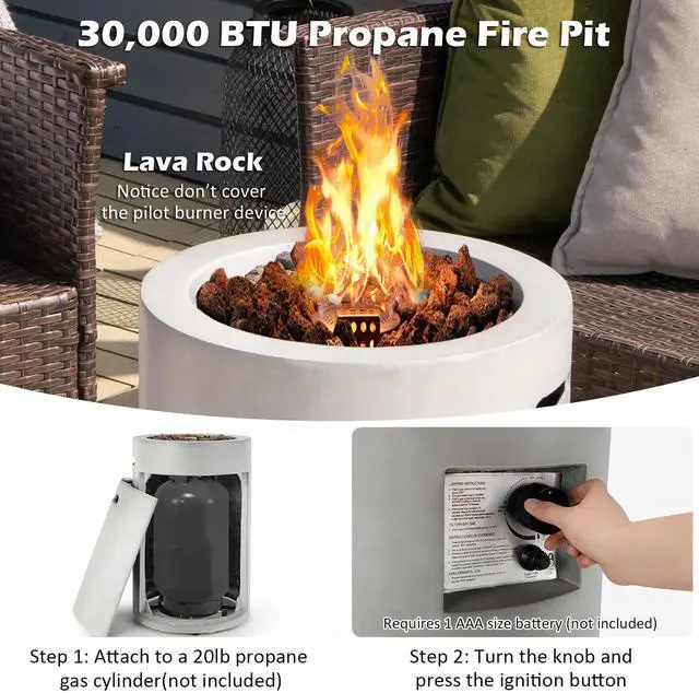 Alt view image 5 of 7 - Costway 16'' Round Outdoor Propane Fire Pit w/Lava Rocks Waterproof Cover 30000 BTU Gray