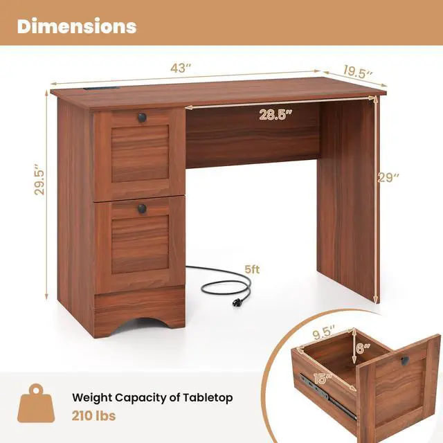 Alt view image 3 of 7 - Costway 43" Home Office Desk with Charging Station Compact Study Writing Desk Walnut
