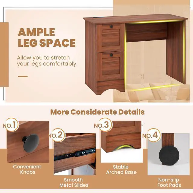 Alt view image 5 of 7 - Costway 43" Home Office Desk with Charging Station Compact Study Writing Desk Walnut