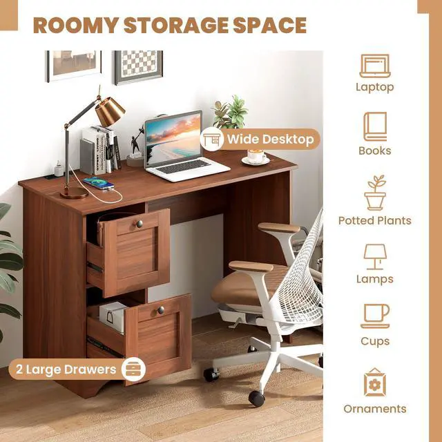 Alt view image 6 of 7 - Costway 43" Home Office Desk with Charging Station Compact Study Writing Desk Walnut