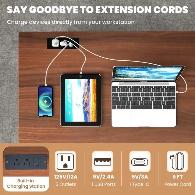 Alt view image 7 of 7 - Costway 43" Home Office Desk with Charging Station Compact Study Writing Desk Walnut