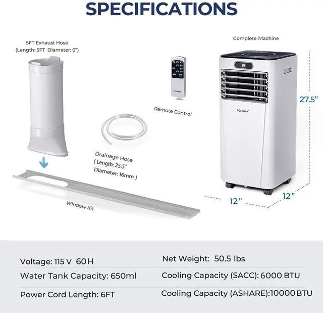 Alt view image 4 of 7 - Costway 6000 BTU (10000 BTU ASHRAE) Portable Air Conditioner w/ Remote Control 3-in-1 Air Cooler w/ Drying White