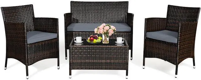 Alt view image 2 of 7 - Costway 4PCS Rattan Patio Furniture Set Cushioned Sofa Chair Coffee Table Garden Grey