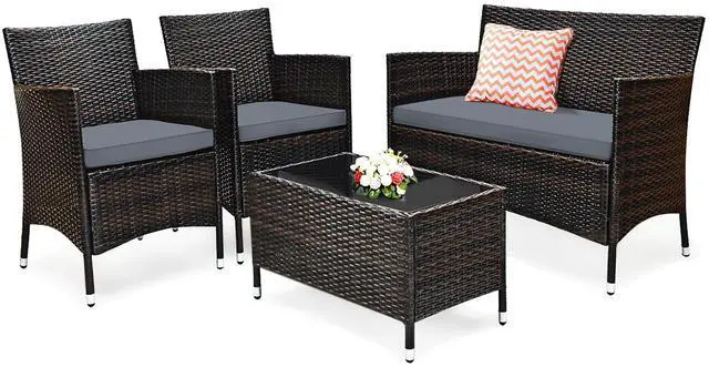 Alt view image 4 of 7 - Costway 4PCS Rattan Patio Furniture Set Cushioned Sofa Chair Coffee Table Garden Grey