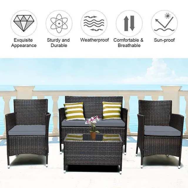 Alt view image 6 of 7 - Costway 4PCS Rattan Patio Furniture Set Cushioned Sofa Chair Coffee Table Garden Grey