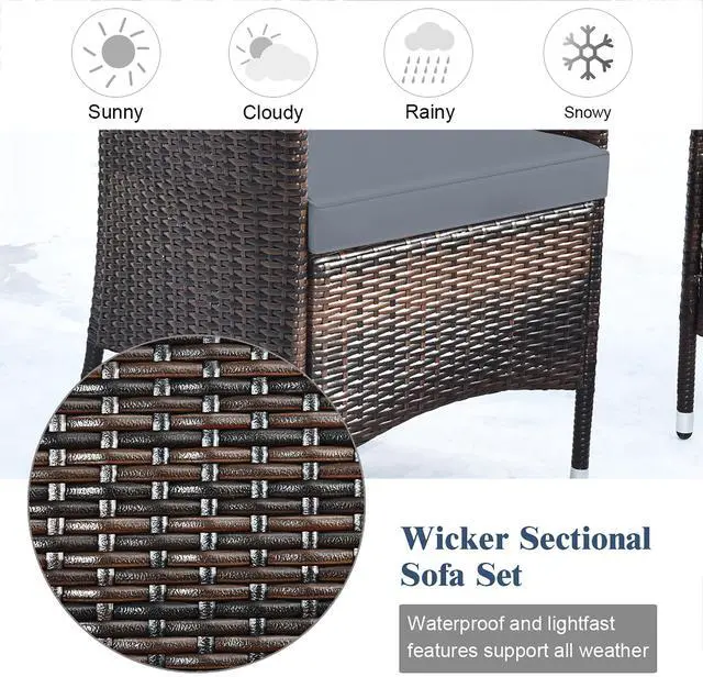 Alt view image 7 of 7 - Costway 4PCS Rattan Patio Furniture Set Cushioned Sofa Chair Coffee Table Garden Grey