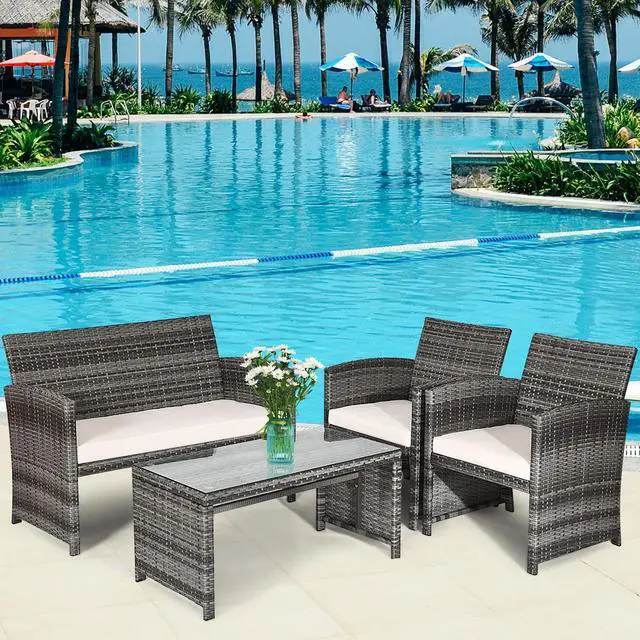Alt view image 4 of 7 - Costway 8PCS Patio Rattan Furniture Set Conversation Glass Table Top Cushioned Sofa, White