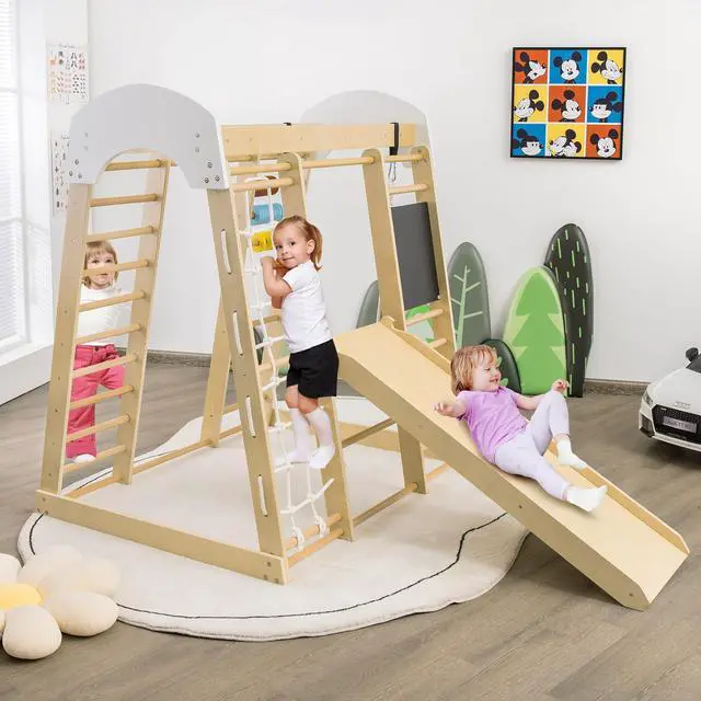 Alt view image 2 of 7 - Costway Indoor Playground Climbing Gym Kids Wooden 8 in 1 Climber Playset  for Children