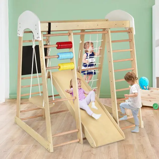 Alt view image 3 of 7 - Costway Indoor Playground Climbing Gym Kids Wooden 8 in 1 Climber Playset  for Children