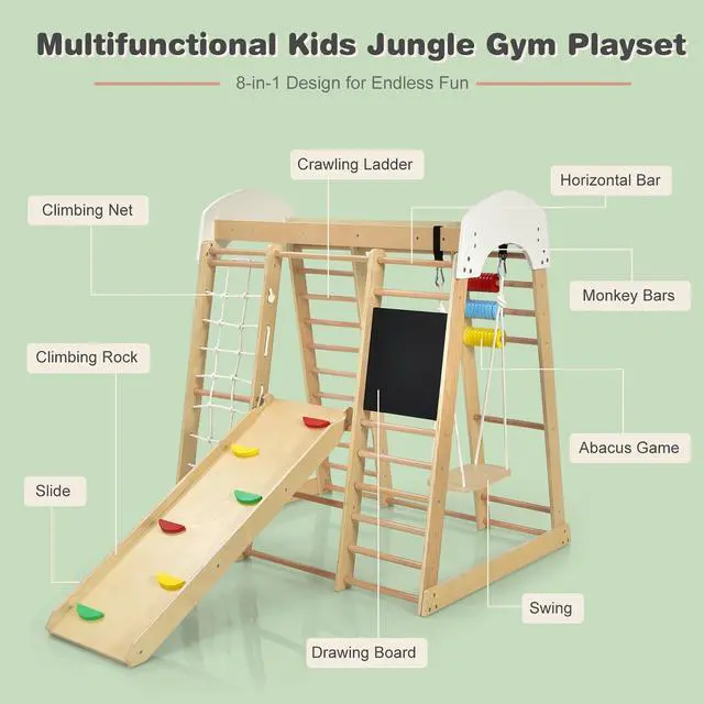 Alt view image 5 of 7 - Costway Indoor Playground Climbing Gym Kids Wooden 8 in 1 Climber Playset  for Children