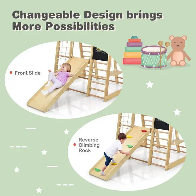 Alt view image 6 of 7 - Costway Indoor Playground Climbing Gym Kids Wooden 8 in 1 Climber Playset  for Children