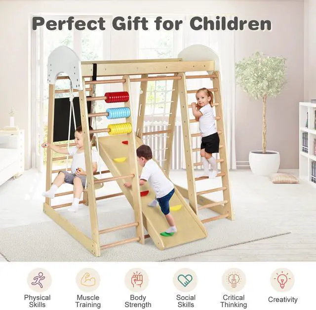 Alt view image 7 of 7 - Costway Indoor Playground Climbing Gym Kids Wooden 8 in 1 Climber Playset  for Children