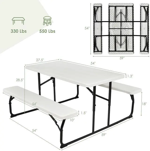 Alt view image 5 of 7 - Costway Foldable Picnic Table Bench Set Outdoor Camping for Patio & Backyard White