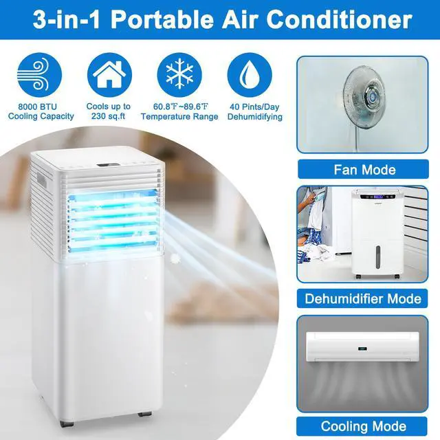 Alt view image 4 of 7 - Costway 5000 BTU 8000 BTU ASHRAE Portable Air Conditioner 3-in-1 Air Cooler w/Dehumidifier & Fan Mode White