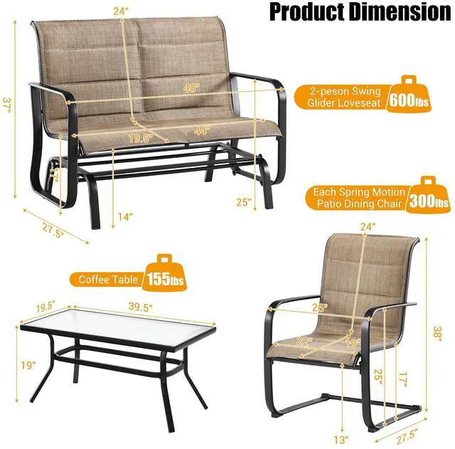Alt view image 3 of 7 - Costway 4 PCS Outdoor Patio Furniture Set Padded Chairs Glider Loveseat Coffee Table