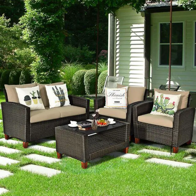 Main image of Costway 4PCS Patio Rattan Furniture Set Solid Wood Leg Cushioned Sofa Garden Lawn