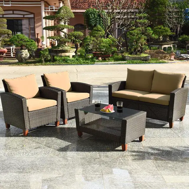 Alt view image 2 of 7 - Costway 4PCS Patio Rattan Furniture Set Solid Wood Leg Cushioned Sofa Garden Lawn