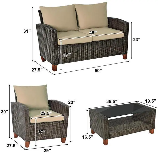 Alt view image 3 of 7 - Costway 4PCS Patio Rattan Furniture Set Solid Wood Leg Cushioned Sofa Garden Lawn