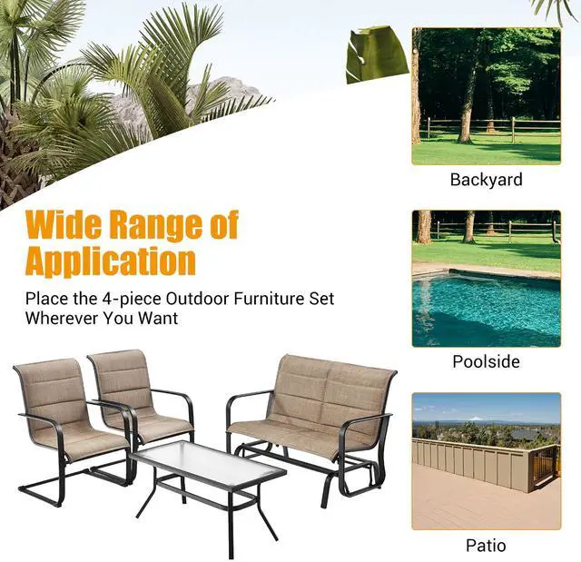 Alt view image 5 of 7 - Costway 4 PCS Outdoor Patio Furniture Set Padded Chairs Glider Loveseat Coffee Table