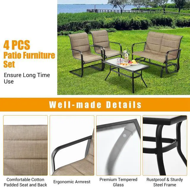 Alt view image 6 of 7 - Costway 4 PCS Outdoor Patio Furniture Set Padded Chairs Glider Loveseat Coffee Table