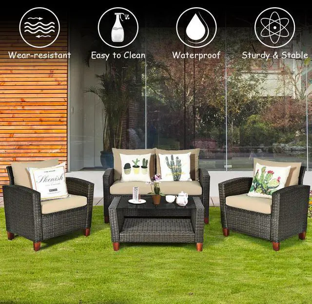 Alt view image 6 of 7 - Costway 4PCS Patio Rattan Furniture Set Solid Wood Leg Cushioned Sofa Garden Lawn