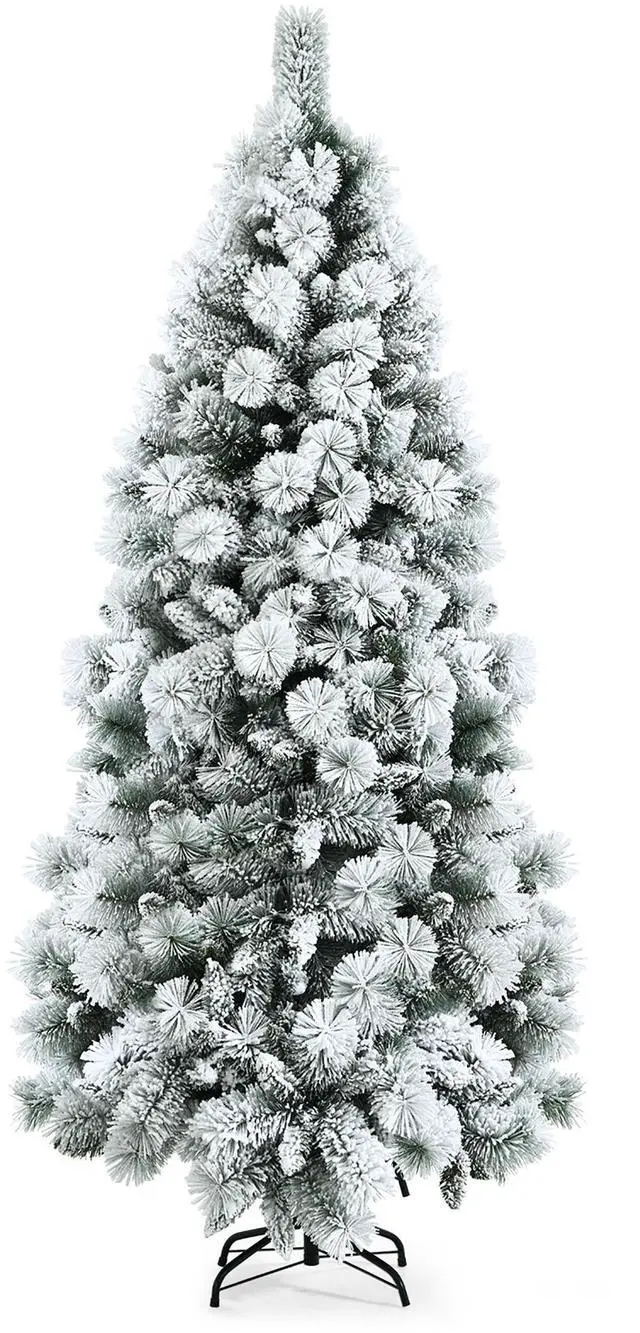 Main image of Costway 7ft Snow Flocked Hinged Artificial Slim Christmas Tree with Pine Needles