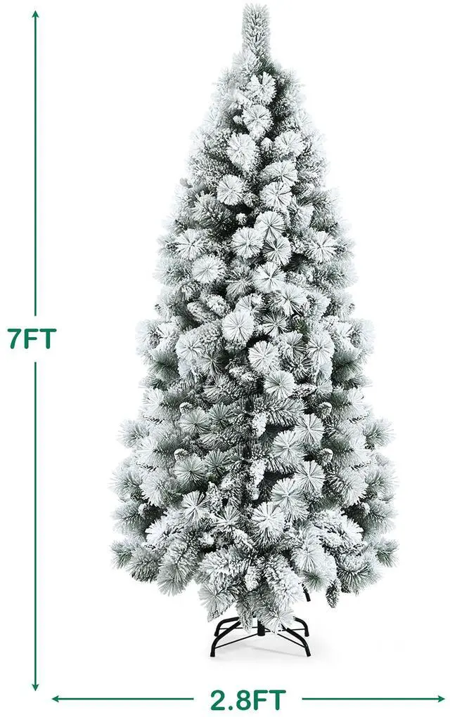 Alt view image 3 of 7 - Costway 7ft Snow Flocked Hinged Artificial Slim Christmas Tree with Pine Needles