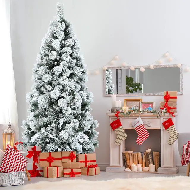 Alt view image 2 of 7 - Costway 7ft Snow Flocked Hinged Artificial Slim Christmas Tree with Pine Needles