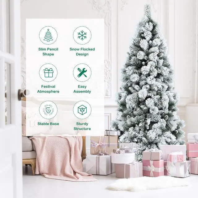 Alt view image 7 of 7 - Costway 7ft Snow Flocked Hinged Artificial Slim Christmas Tree with Pine Needles